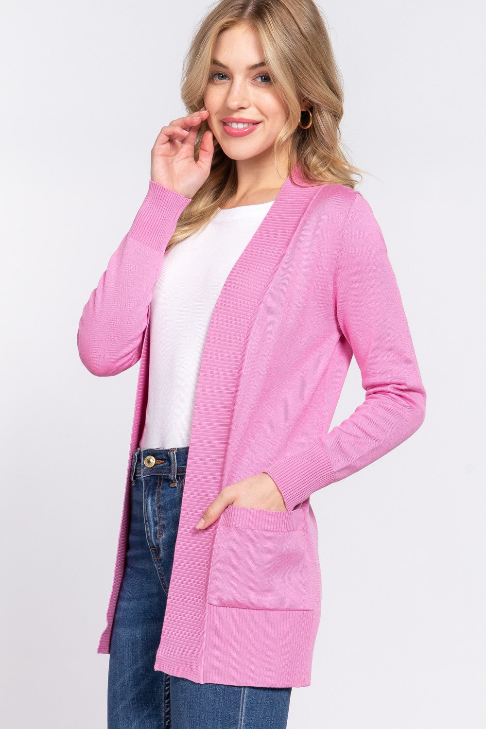 ACTIVE BASIC Ribbed Trim Open Front Cardigan - UrbanEthereal