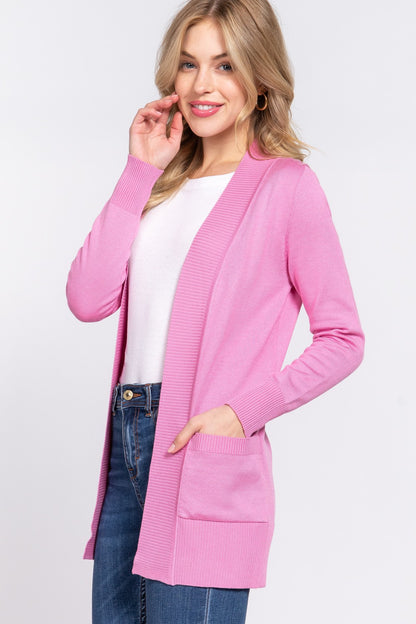 ACTIVE BASIC Ribbed Trim Open Front Cardigan - UrbanEthereal