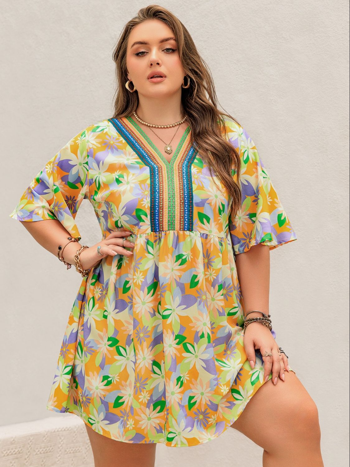 Plus Size Printed V-Neck Half Sleeve Mini Dress - UrbanEthereal