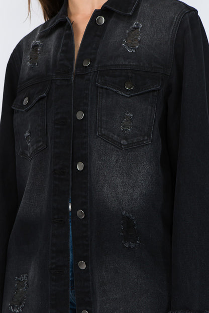 American Bazi Distressed Frayed Hem Denim Jacket - UrbanEthereal