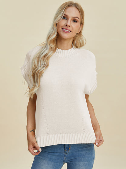 Double Take Full Size Mock Neck Short Sleeve Sweater - UrbanEthereal
