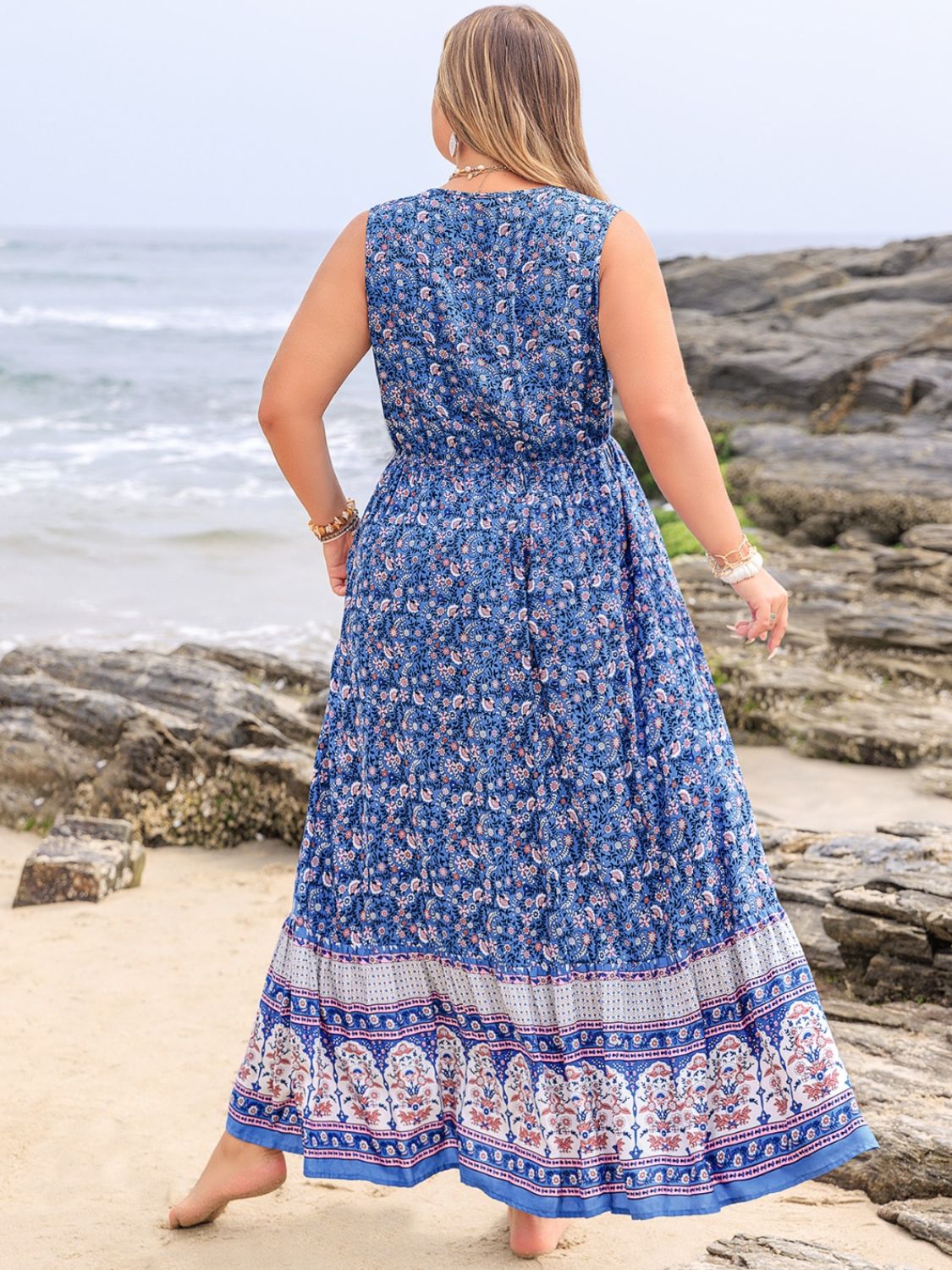 Plus Size Tied Printed Sleeveless Maxi Dress - UrbanEthereal