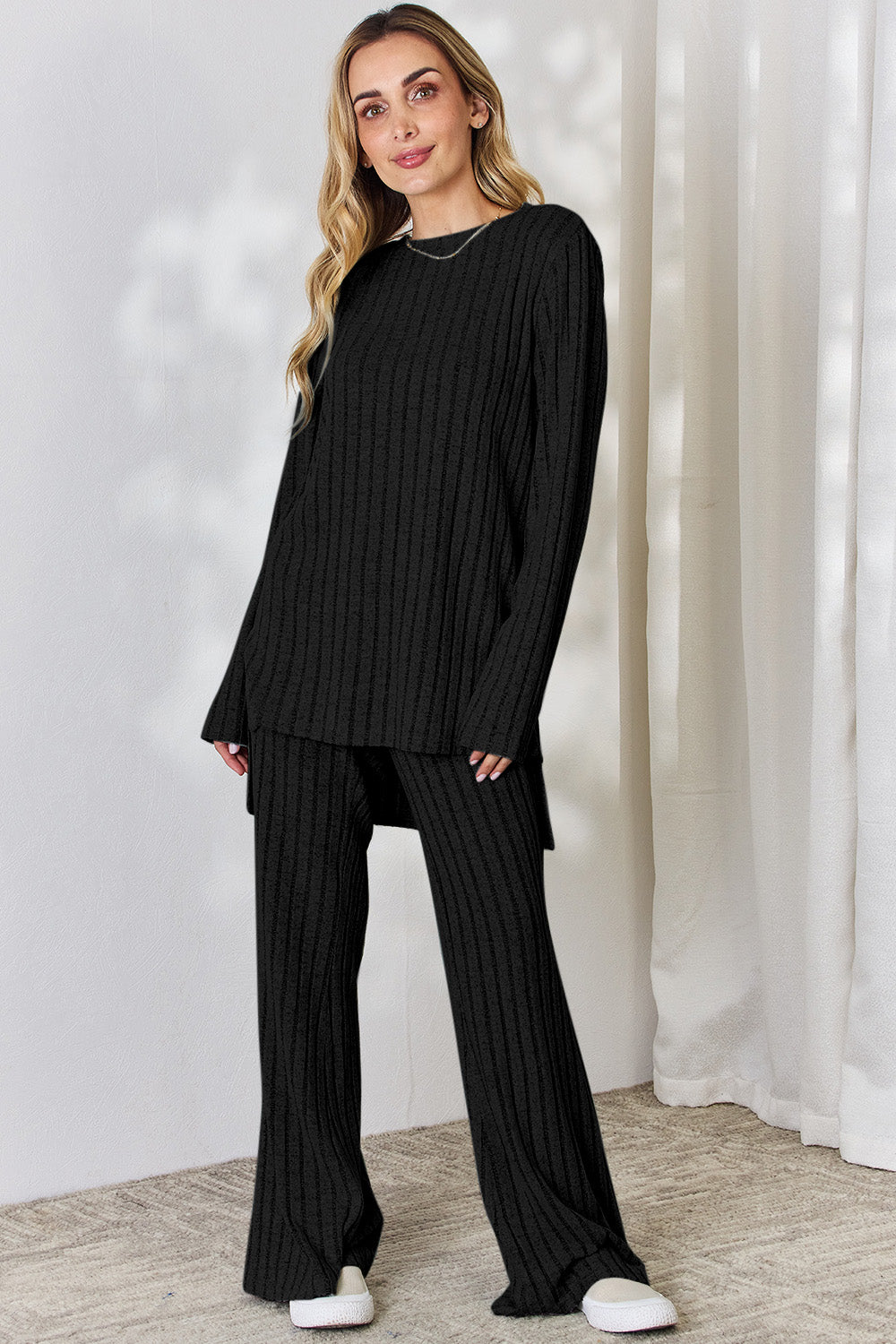 Basic Bae Full Size Ribbed High-Low Top and Wide Leg Pants Set - UrbanEthereal
