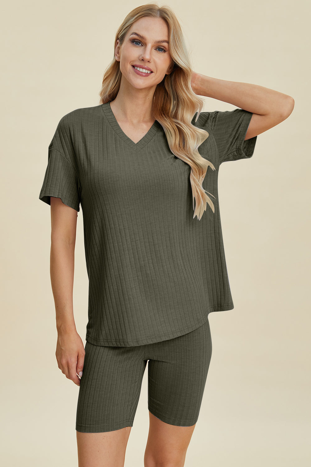 Basic Bae Full Size Ribbed V-Neck Short Sleeve Top and Shorts Set - UrbanEthereal