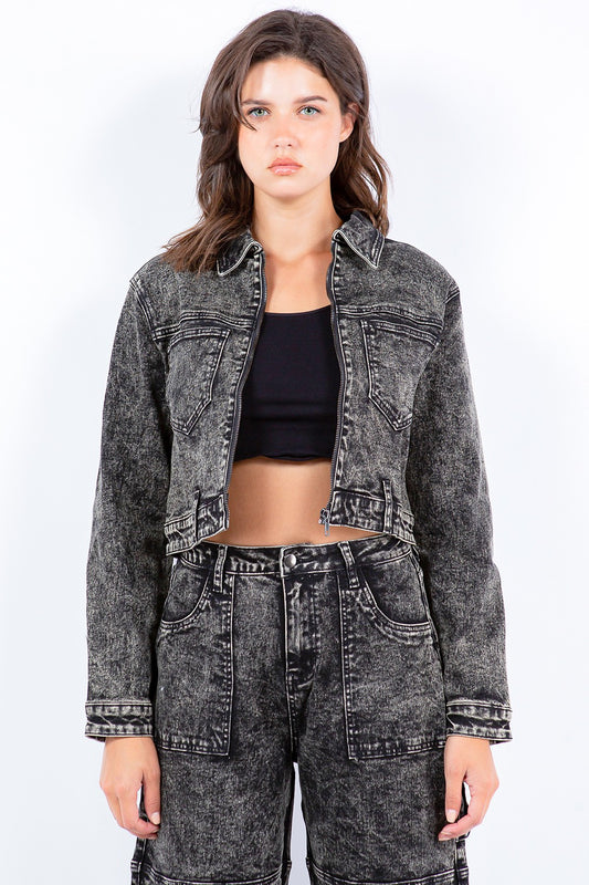 American Bazi Overdyed Bleached Zip Up Cropped Jacket - UrbanEthereal