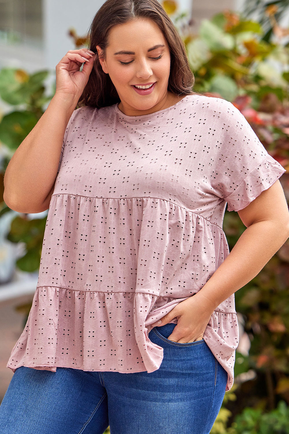 Plus Size Eyelet Round Neck Short Sleeve Blouse - UrbanEthereal