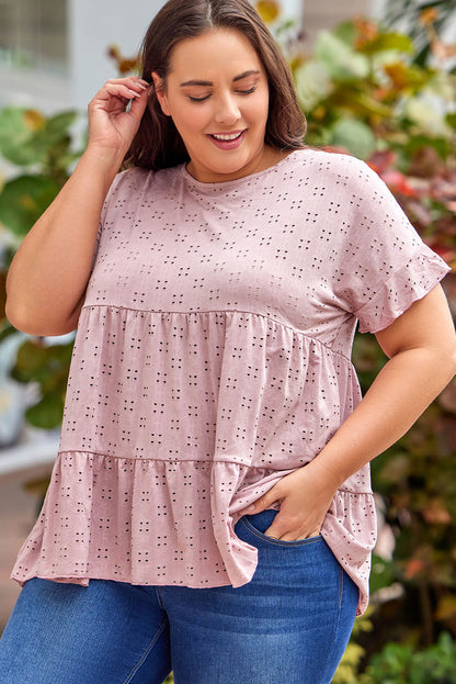 Plus Size Eyelet Round Neck Short Sleeve Blouse - UrbanEthereal