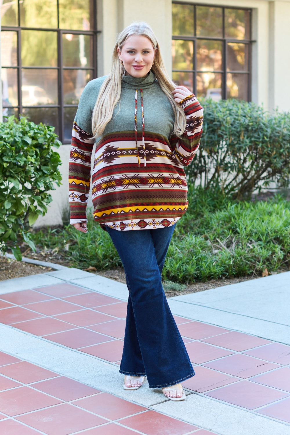 Celeste Design Full Size Geometric Turtleneck Drawstring Knit Top - UrbanEthereal