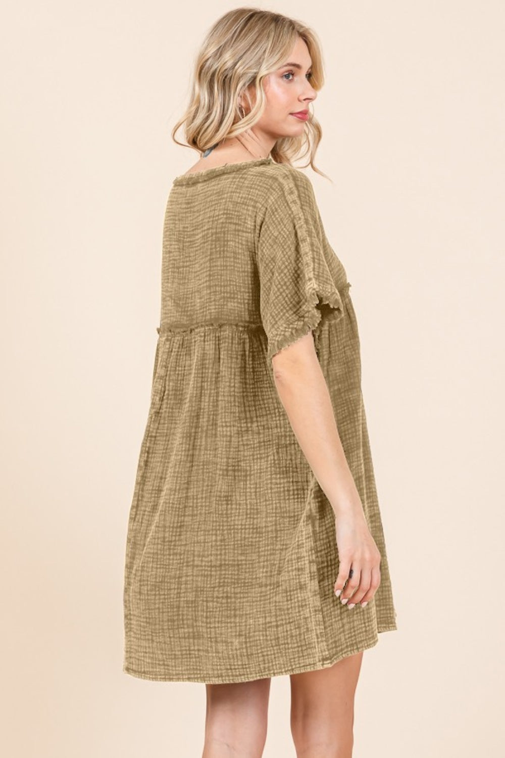 Culture Code Full Size Short Sleeve Babydoll Texture Dress with Pockets - UrbanEthereal