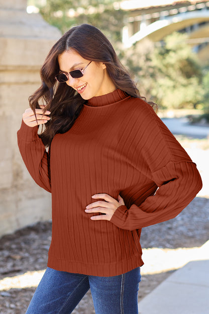 Basic Bae Full Size Ribbed Exposed Seam Mock Neck Knit Top - UrbanEthereal