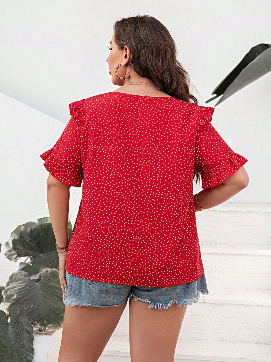 Plus Size Polka Dot Notched Flounce Sleeve Blouse - UrbanEthereal