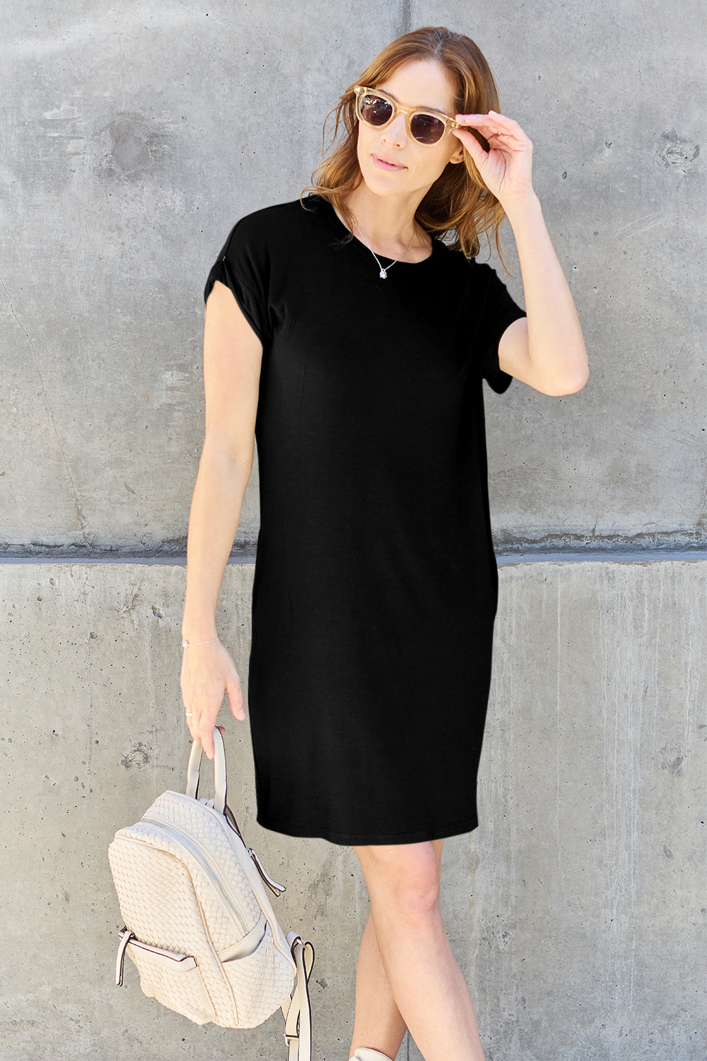 Basic Bae Bamboo Full Size Round Neck Short Sleeve Dress with Pockets - UrbanEthereal