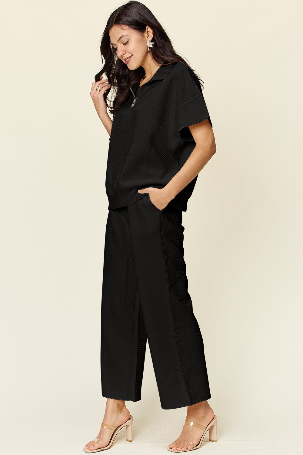 Double Take Full Size Texture Half Zip Short Sleeve Top and Pants Set - UrbanEthereal