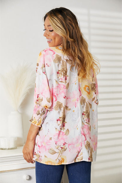 Double Take Floral Round Neck Three-Quarter Sleeve Top - UrbanEthereal