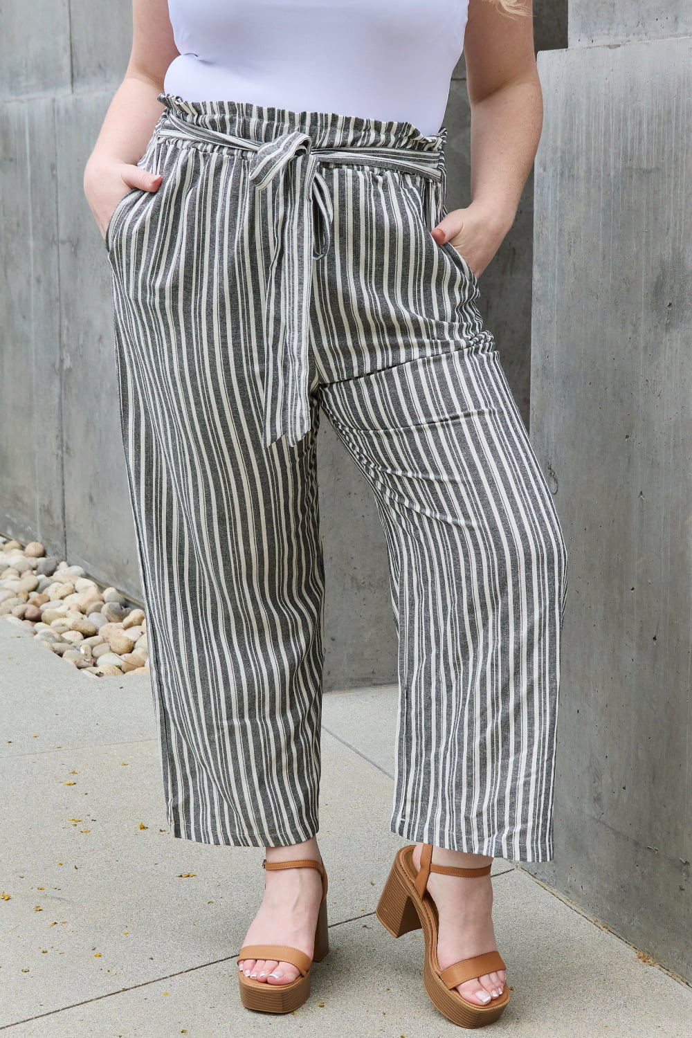 Heimish Find Your Path Full Size Paperbag Waist Striped Culotte Pants - UrbanEthereal