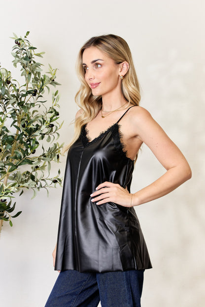 Heimish Full Size Faux Leather Lace Trim Cami - UrbanEthereal
