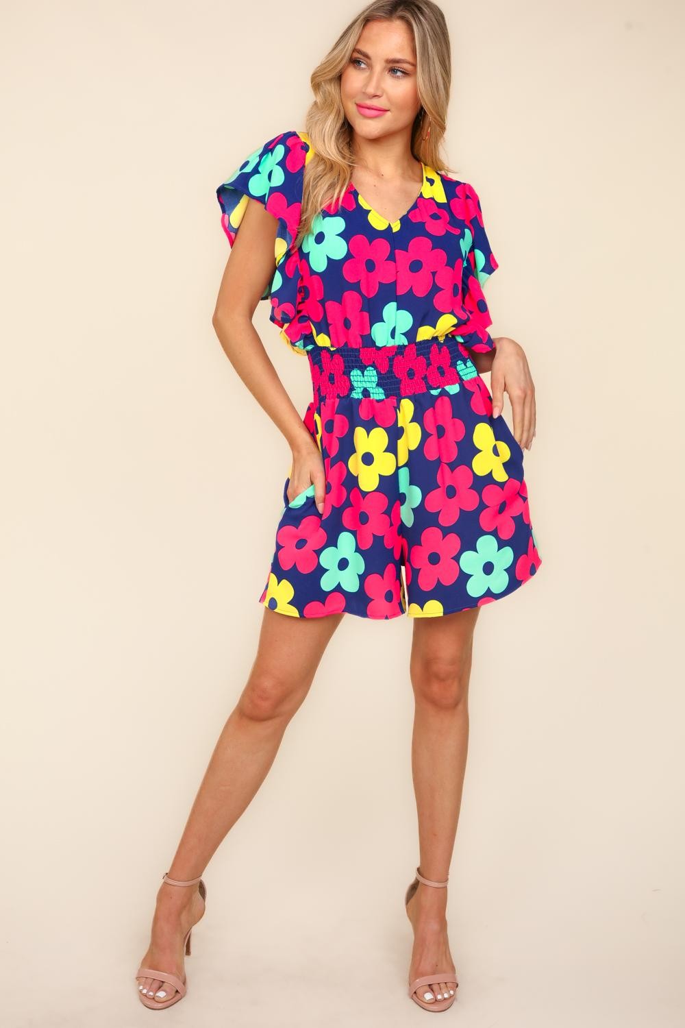 Haptics Floral Smocked Waist Romper with Side Pockets - UrbanEthereal