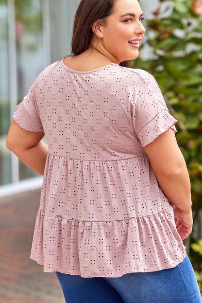 Plus Size Eyelet Round Neck Short Sleeve Blouse - UrbanEthereal