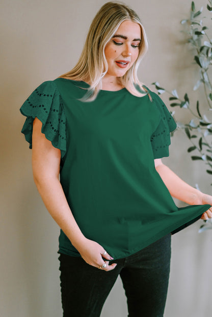 Plus Size Eyelet Round Neck Short Sleeve Blouse - UrbanEthereal