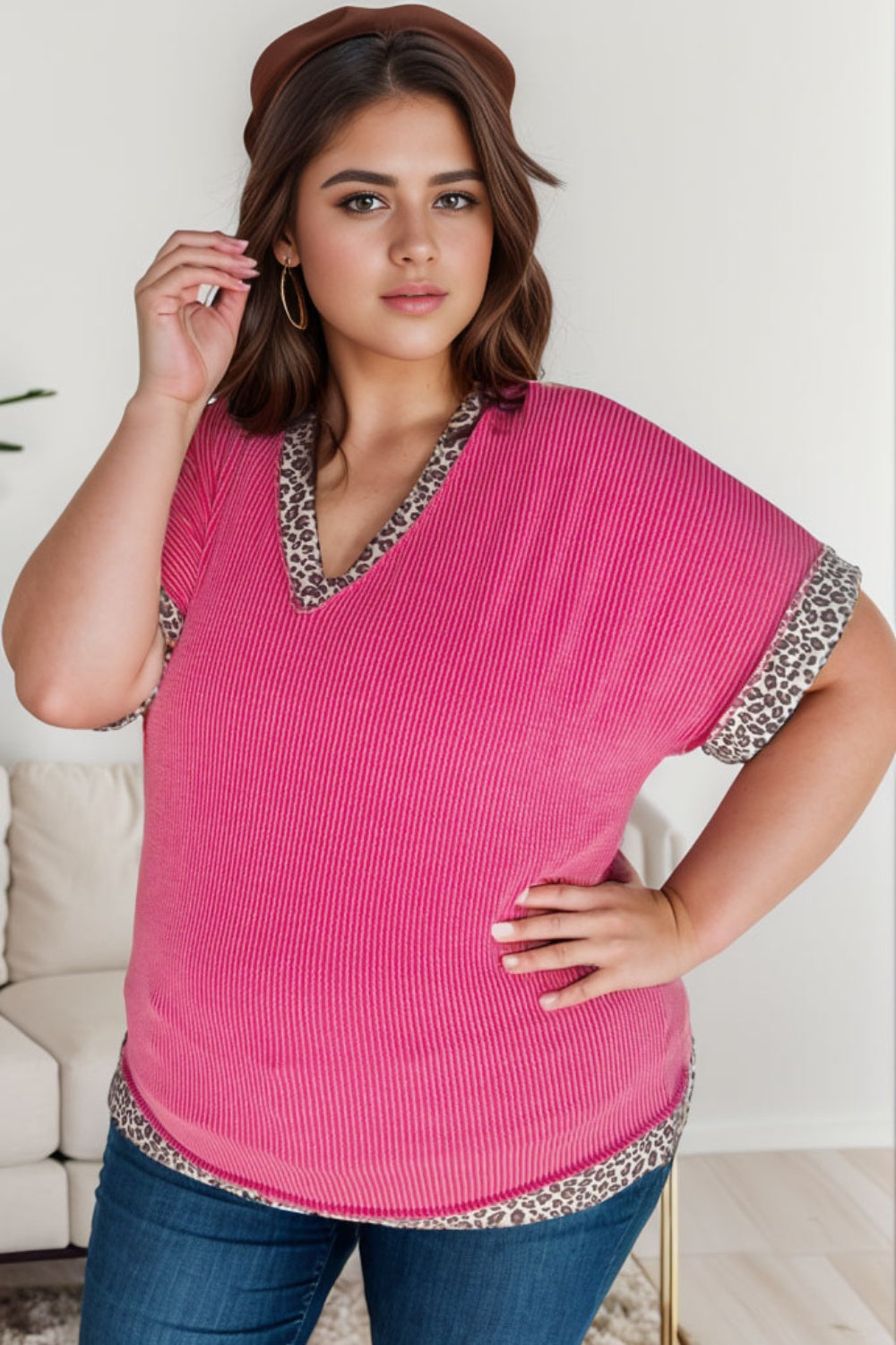 Plus Size Leopard V-Neck Short Sleeve T-Shirt - UrbanEthereal