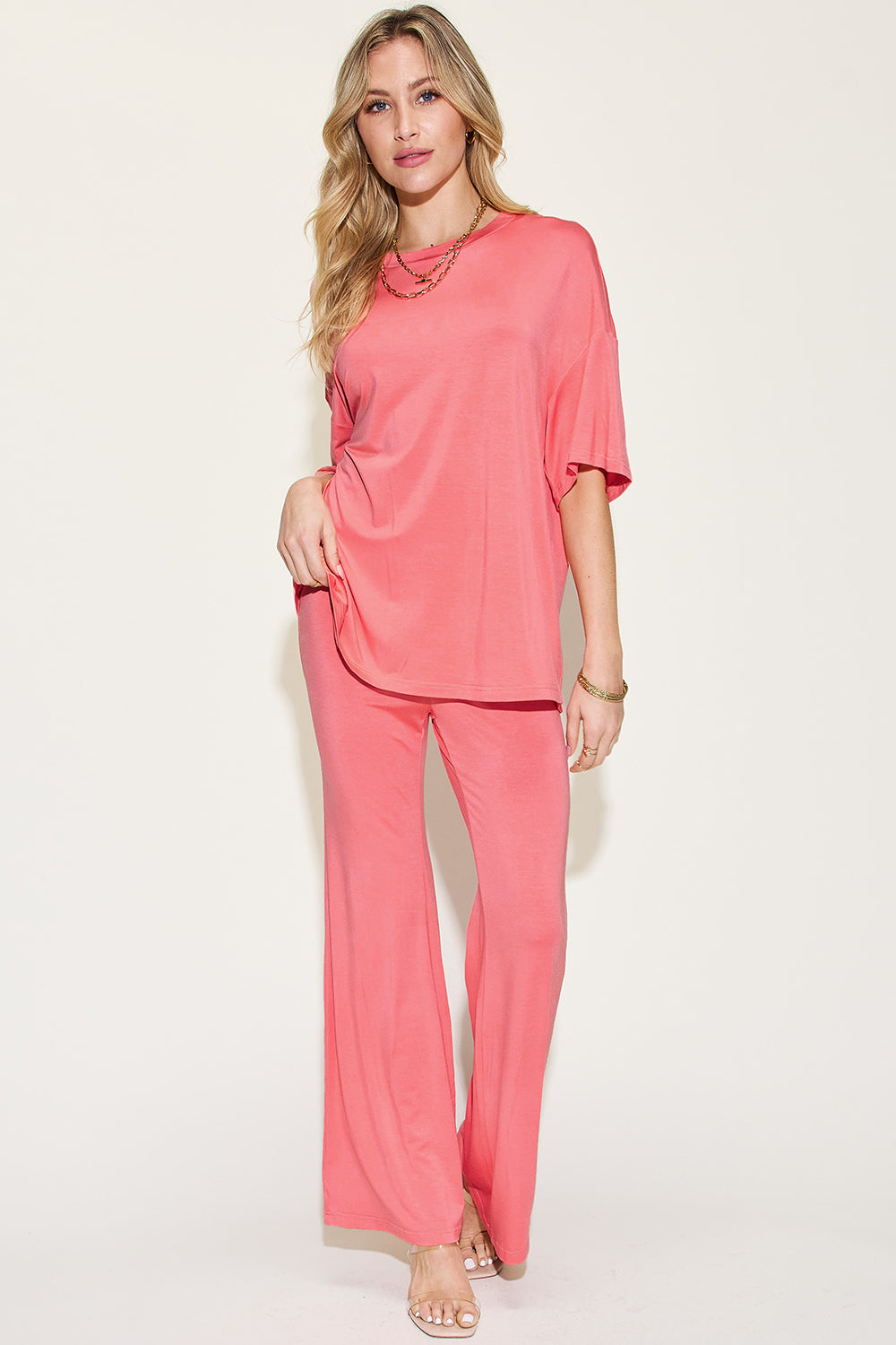 Basic Bae Full Size Bamboo Drop Shoulder T-Shirt and Flare Pants Set - UrbanEthereal