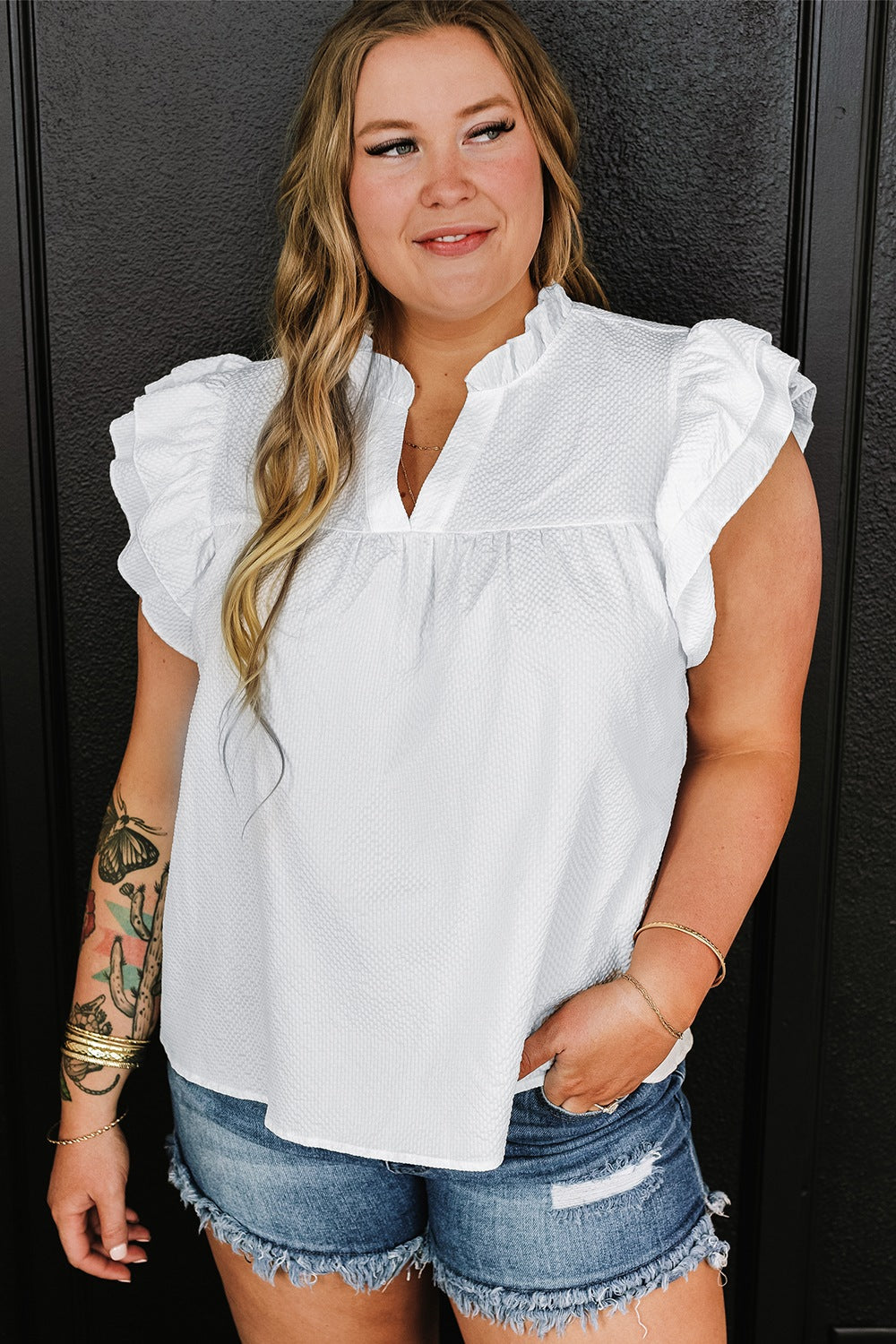 Plus Size Ruffled Notched Cap Sleeve Blouse - UrbanEthereal