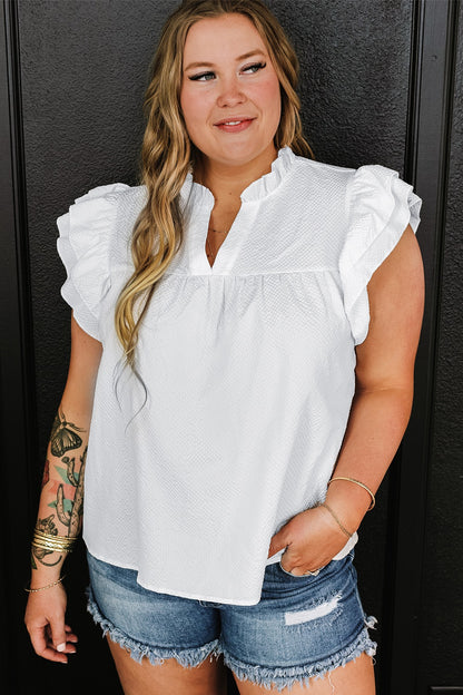 Plus Size Ruffled Notched Cap Sleeve Blouse - UrbanEthereal