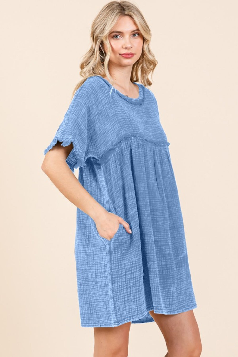 Culture Code Full Size Short Sleeve Babydoll Texture Dress with Pockets - UrbanEthereal