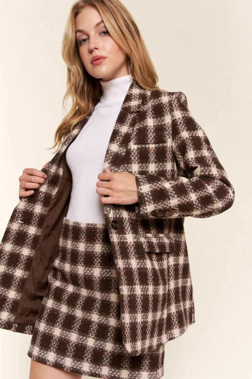 And The Why Full Size Plaid Brushed One Button Blazer - UrbanEthereal