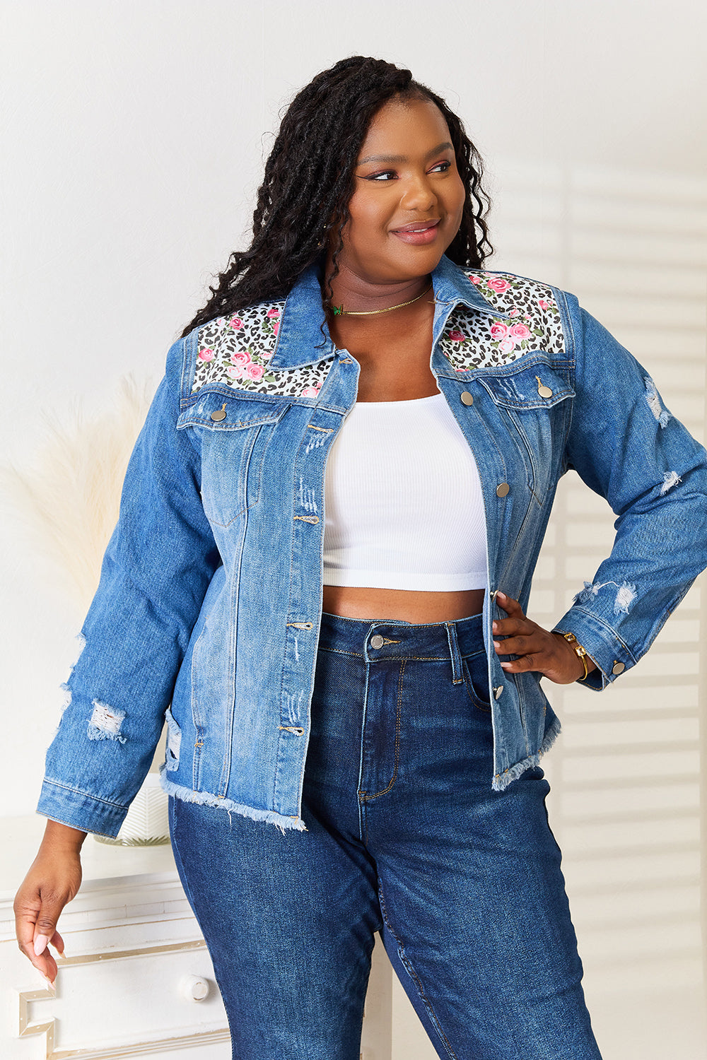 Baeful Leopard Floral Distressed Raw Hem Denim Jacket - UrbanEthereal