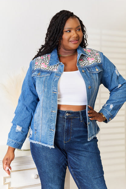 Baeful Leopard Floral Distressed Raw Hem Denim Jacket - UrbanEthereal