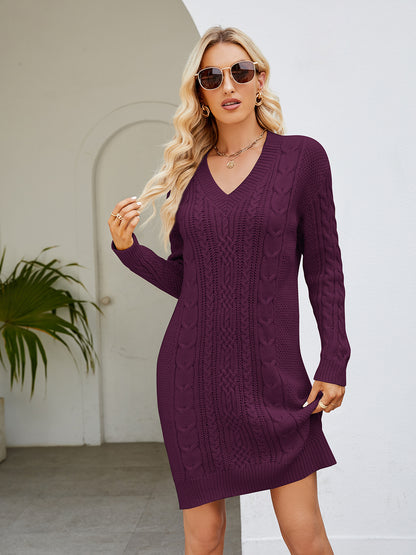 Cable-Knit V-Neck Mini Sweater Dress