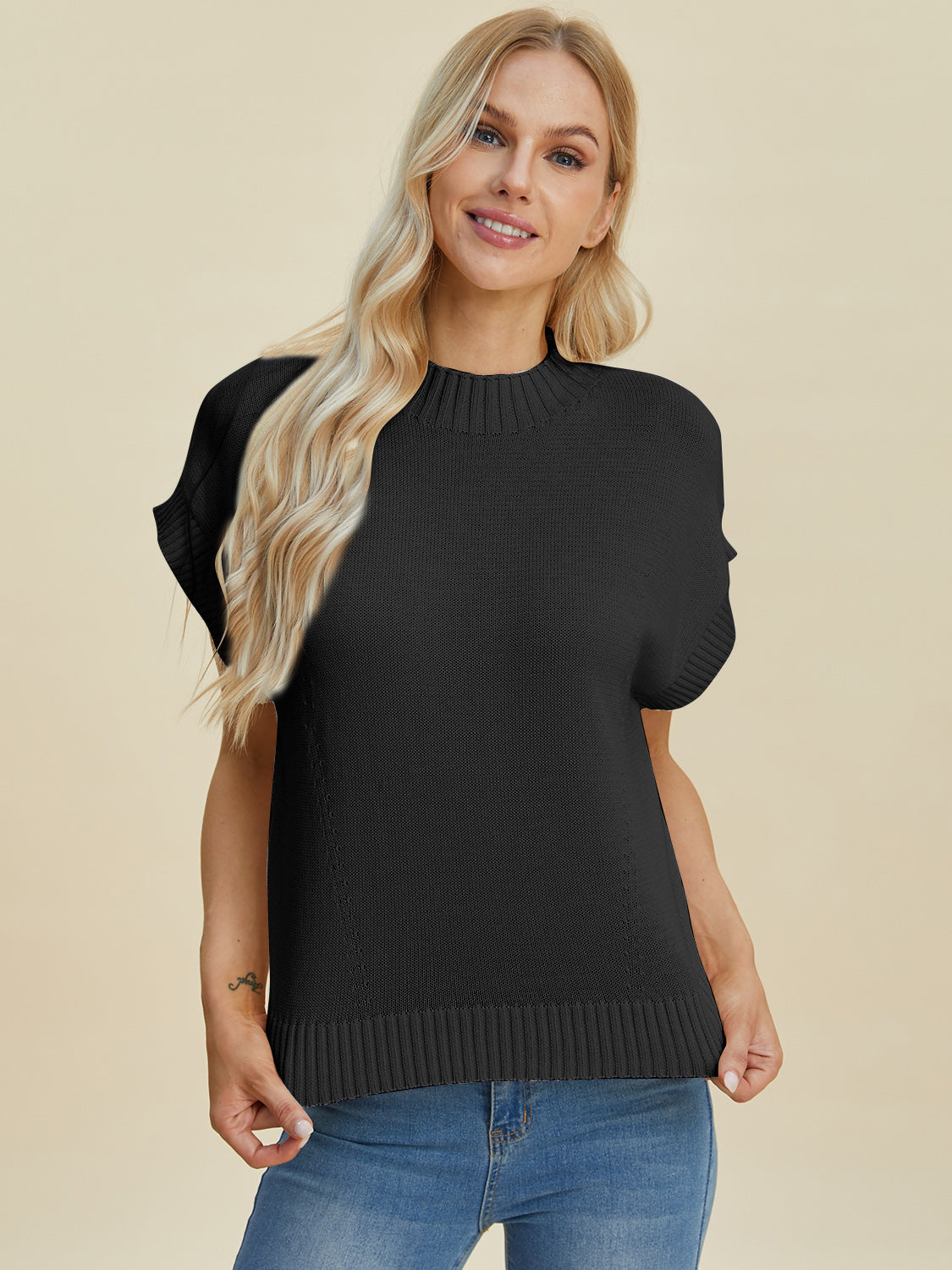 Double Take Full Size Mock Neck Short Sleeve Sweater - UrbanEthereal