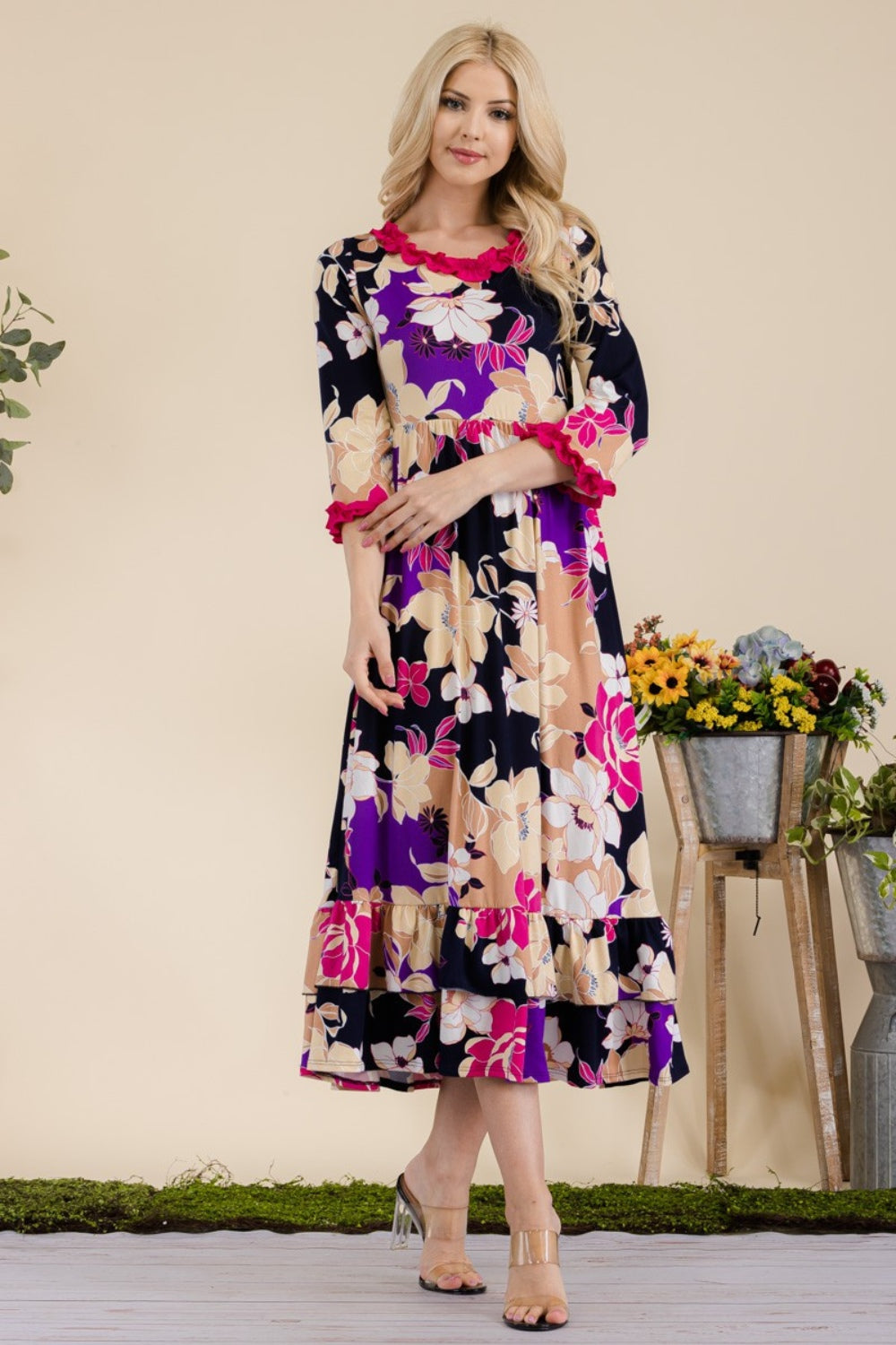 Celeste Full Size Floral Ruffled Midi Dress - UrbanEthereal