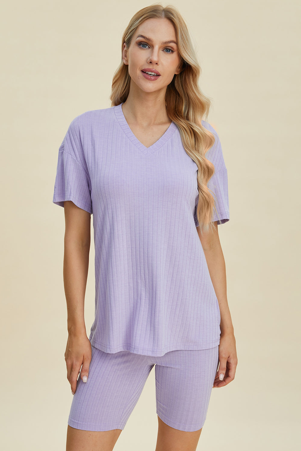 Basic Bae Full Size Ribbed V-Neck Short Sleeve Top and Shorts Set - UrbanEthereal