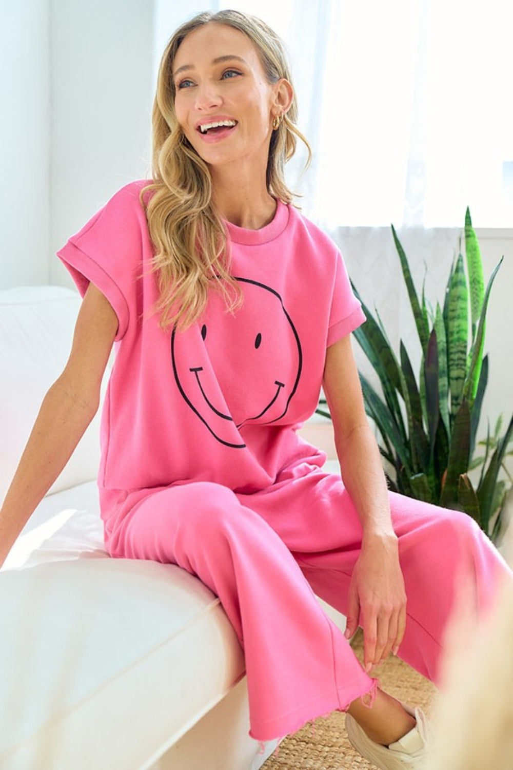 First Love Smile Face Drop Shoulder Brushed Inside T-Shirt - UrbanEthereal