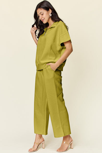 Double Take Full Size Texture Half Zip Short Sleeve Top and Pants Set - UrbanEthereal