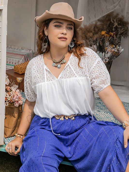 Plus Size Tie Neck Short Sleeve Blouse - UrbanEthereal
