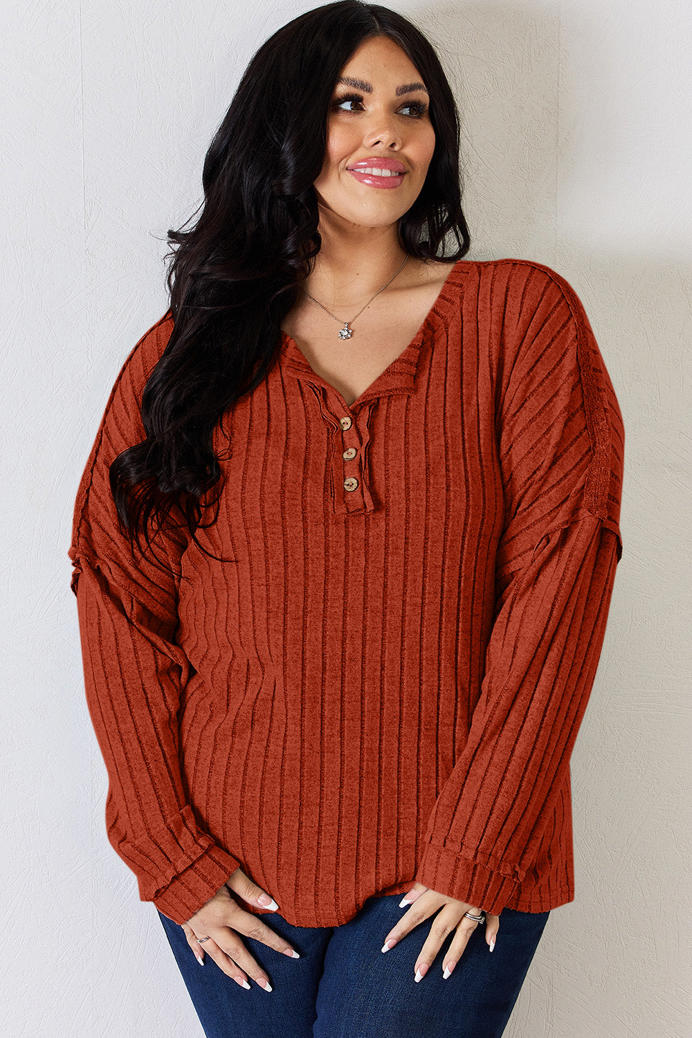 Basic Bae Full Size Ribbed Half Button Long Sleeve T-Shirt - UrbanEthereal