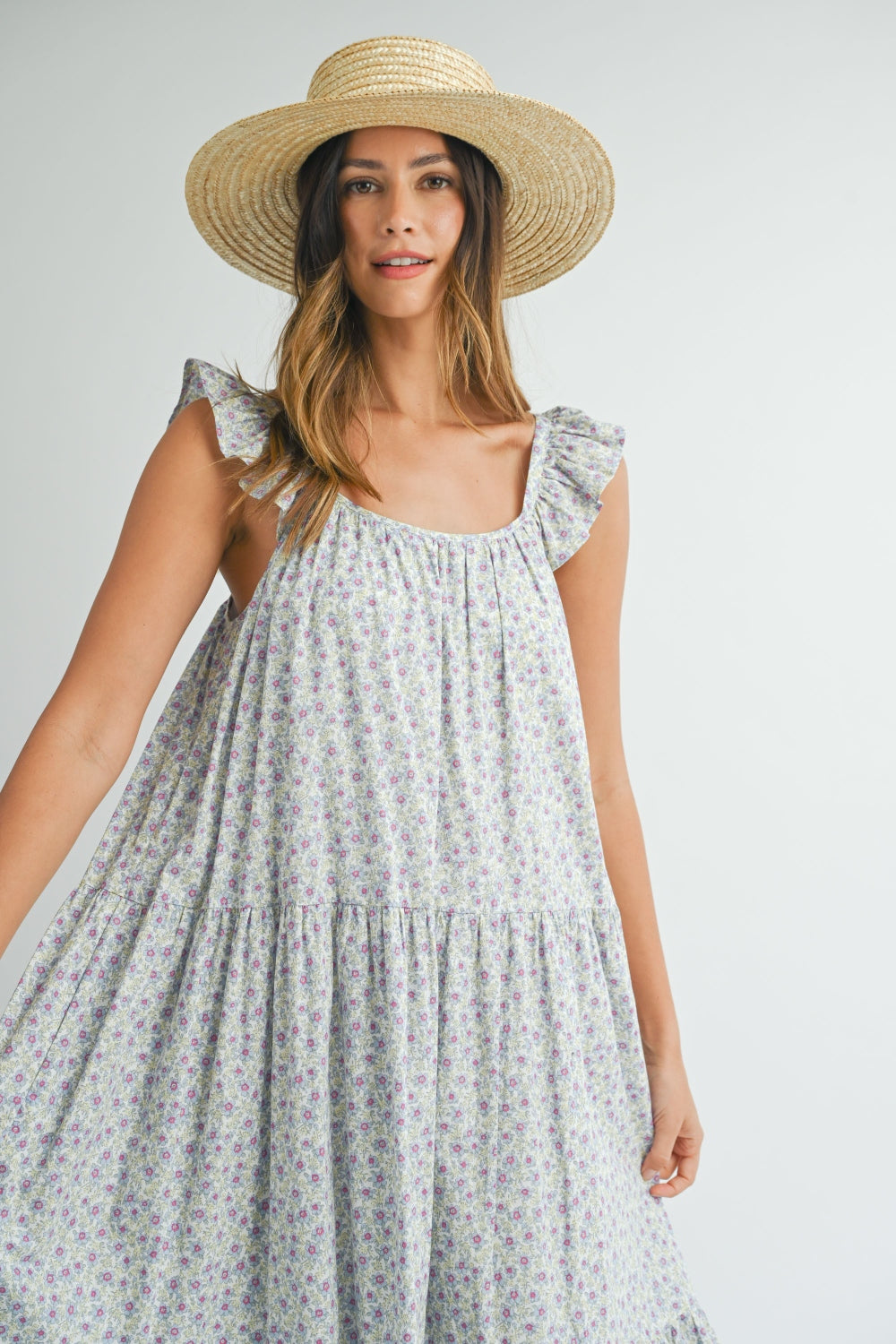 MABLE Floral Ruffle Shoulder Tiered Midi Dress - UrbanEthereal