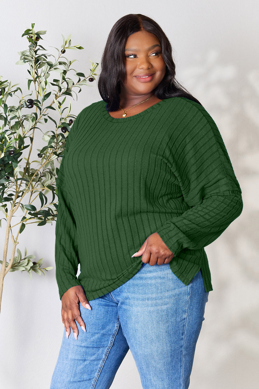 Basic Bae Full Size Ribbed Round Neck Slit Knit Top - UrbanEthereal