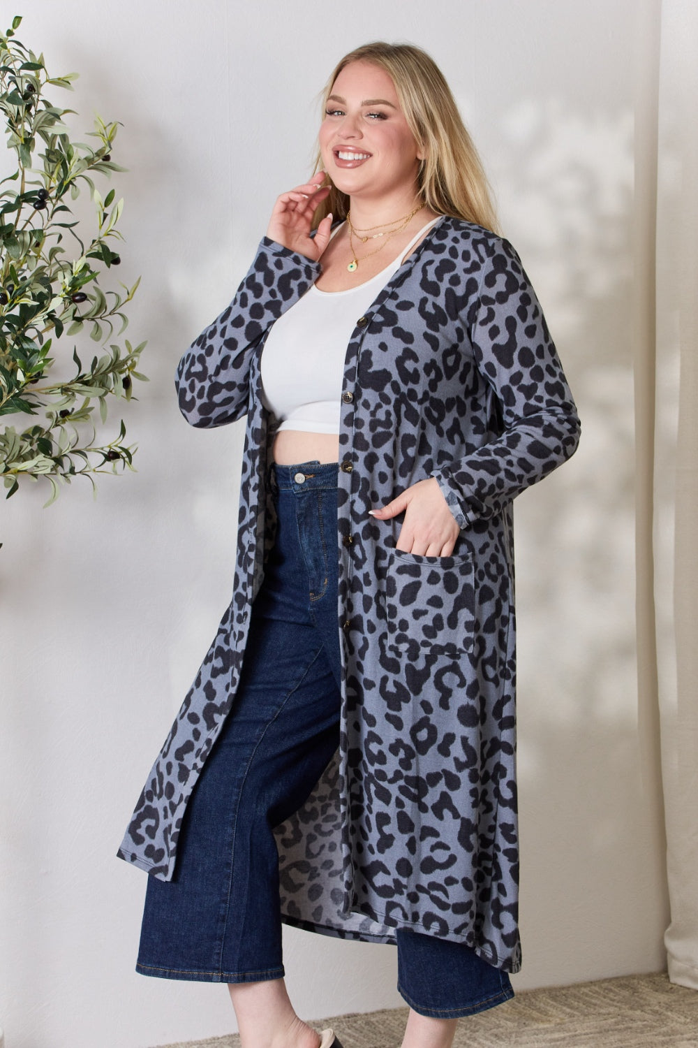 Celeste Full Size Button Up Animal Print Cardigan - UrbanEthereal