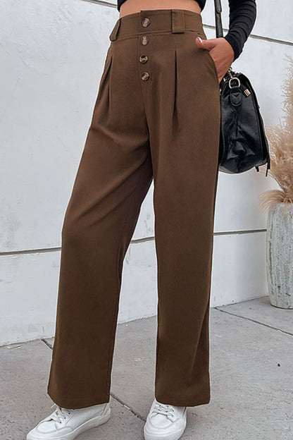 Perfee Button-Fly Pleated Waist Wide Leg Pants with Pockets