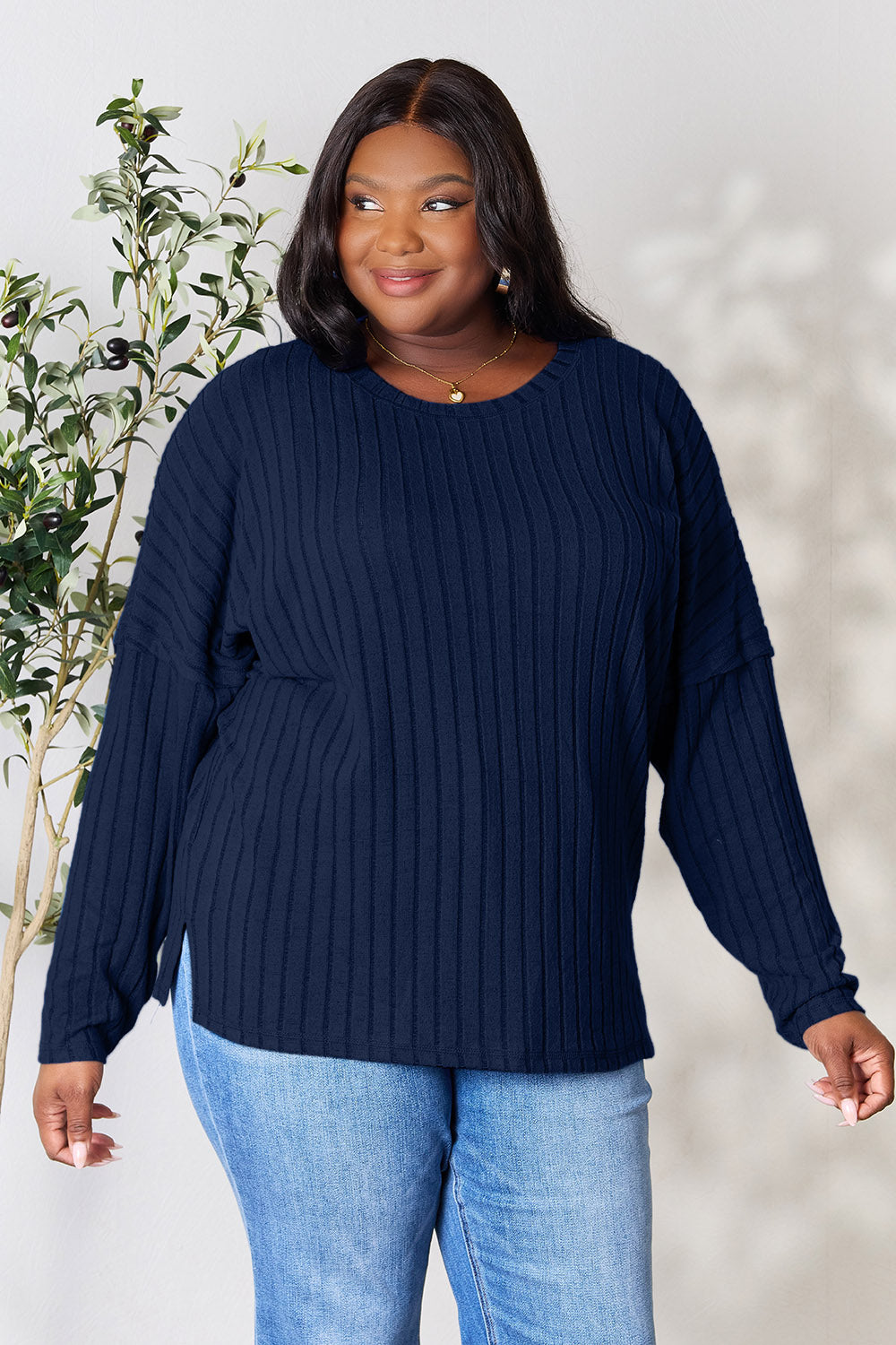 Basic Bae Full Size Ribbed Round Neck Slit Knit Top - UrbanEthereal