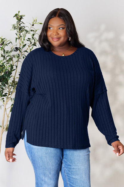 Basic Bae Full Size Ribbed Round Neck Slit Knit Top - UrbanEthereal