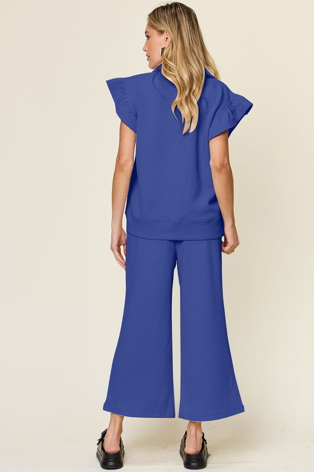 Double Take Texture Ruffle Short Sleeve Top and Drawstring Wide Leg Pants Set - UrbanEthereal