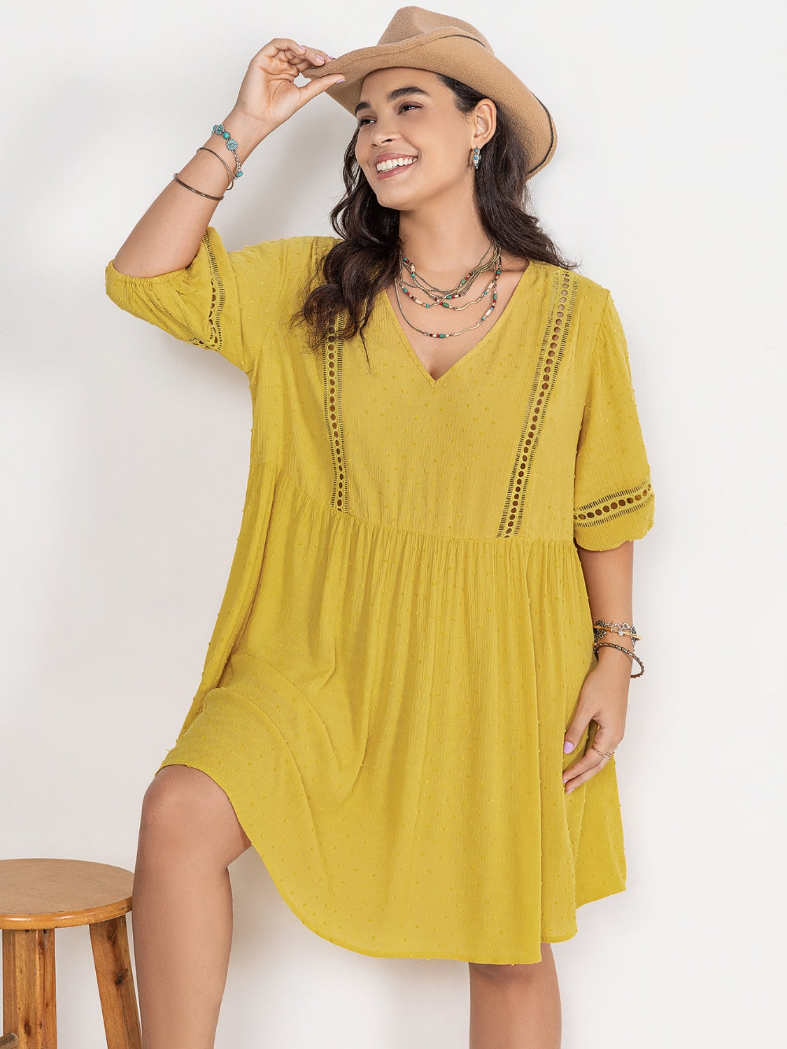 Plus Size Eyelet Swiss Dot Half Sleeve Mini Dress - UrbanEthereal