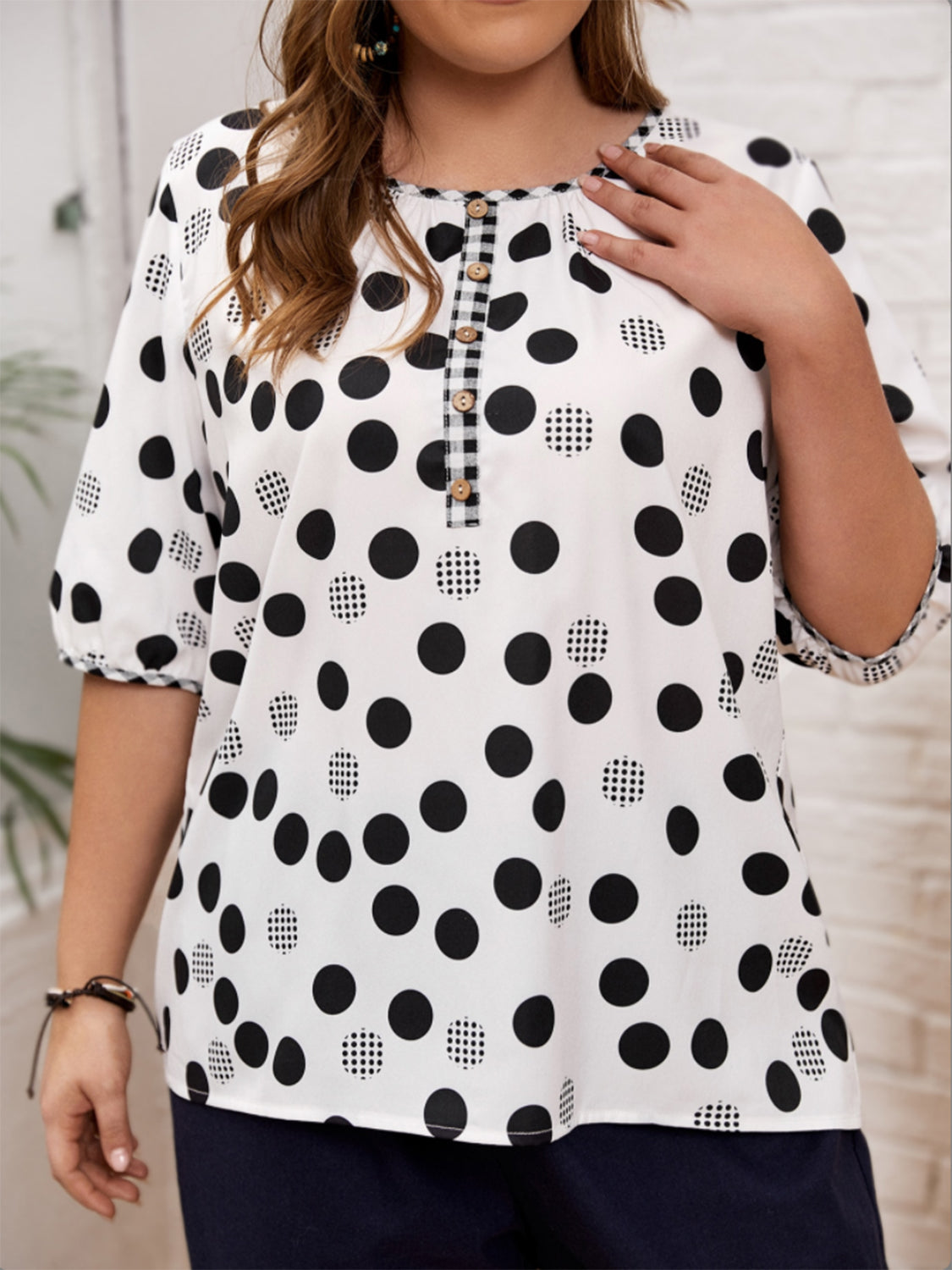 Plus Size Polka Dot Round Neck Half Sleeve Blouse - UrbanEthereal