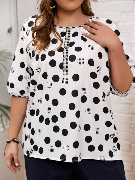 Plus Size Polka Dot Round Neck Half Sleeve Blouse - UrbanEthereal