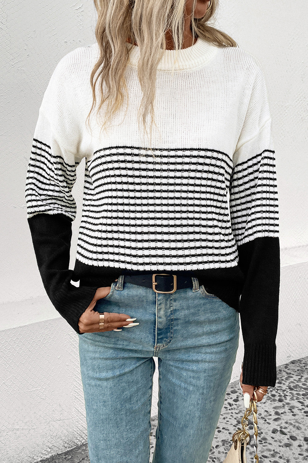 Perfee Striped Drop Shoulder Sweater